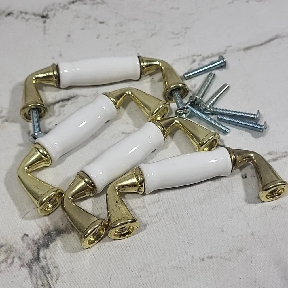 Vintage Drawer Pull Handles White Porcelain Gold-Tone Lot Of‎ 4 With Hardware
